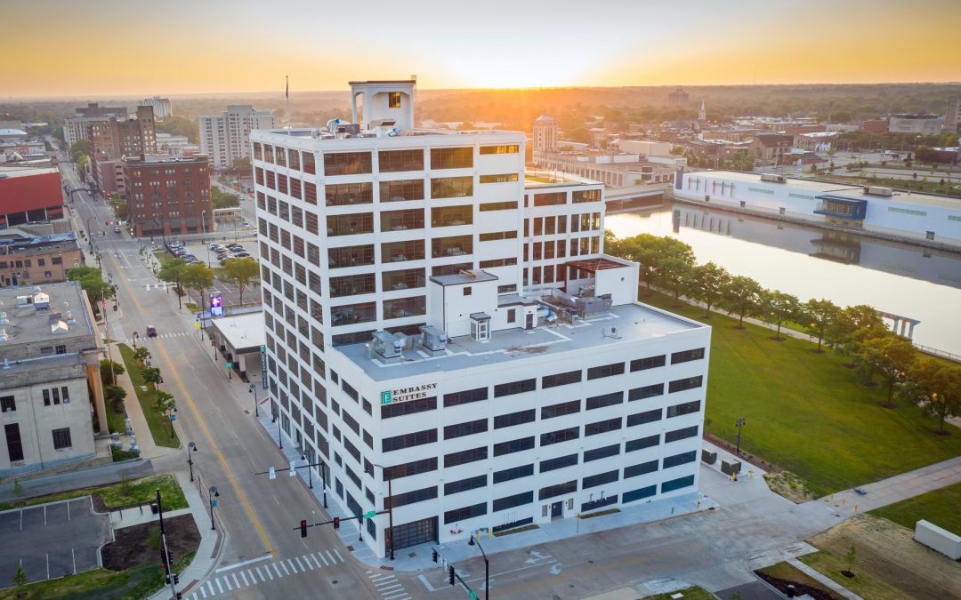 Aerial drone photo of Embassy Suites in Rockford