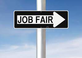 Clip Art showing the words "Job Fair" on a black and white street sign in an arrow. The sign is on a metal post with a light blue sky in the background.