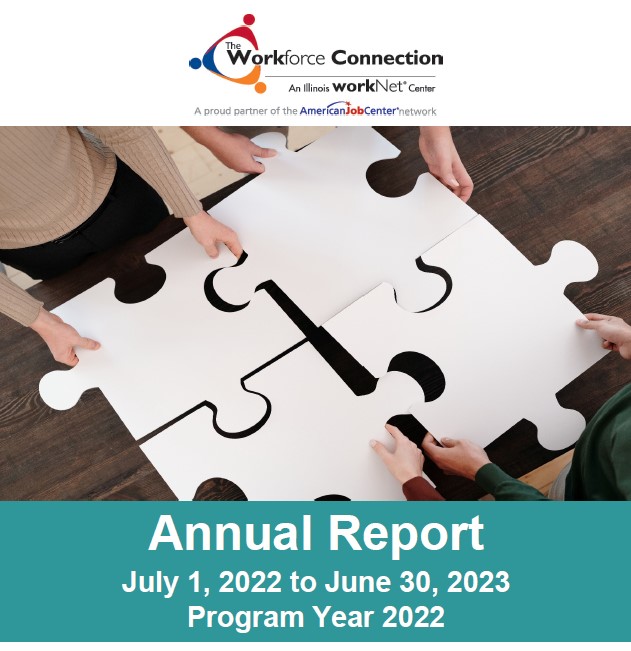 Front page snapshot of The Workforce Connection's Annual Report for Program Year 2022. Logo with hands holding interlocking puzzle pieces.