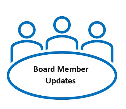 Graphic with 3 people icon behind a table with the words Board Member Updates in the middle of the table.