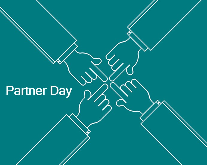 Graphic with teal background and white outlines of 4 hands and lower arms with fingertips touching with the word Partner Day. Photo introduces a story about The Workforce Connection's first Partner Day.