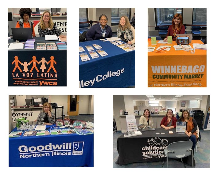 Photo introduced The Workforce Connection's First Partner Day.  It shows 5 photos of tables that our partners had at our One Stop Center. 